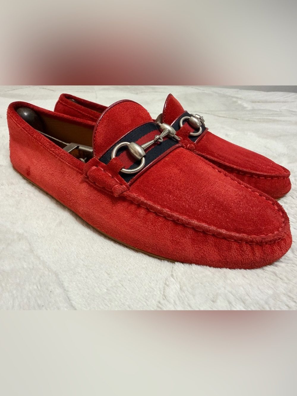 $850 Gucci Red Suede Leather Horse-Bit Link Loafers Driving Moccasins 7.5 8.5